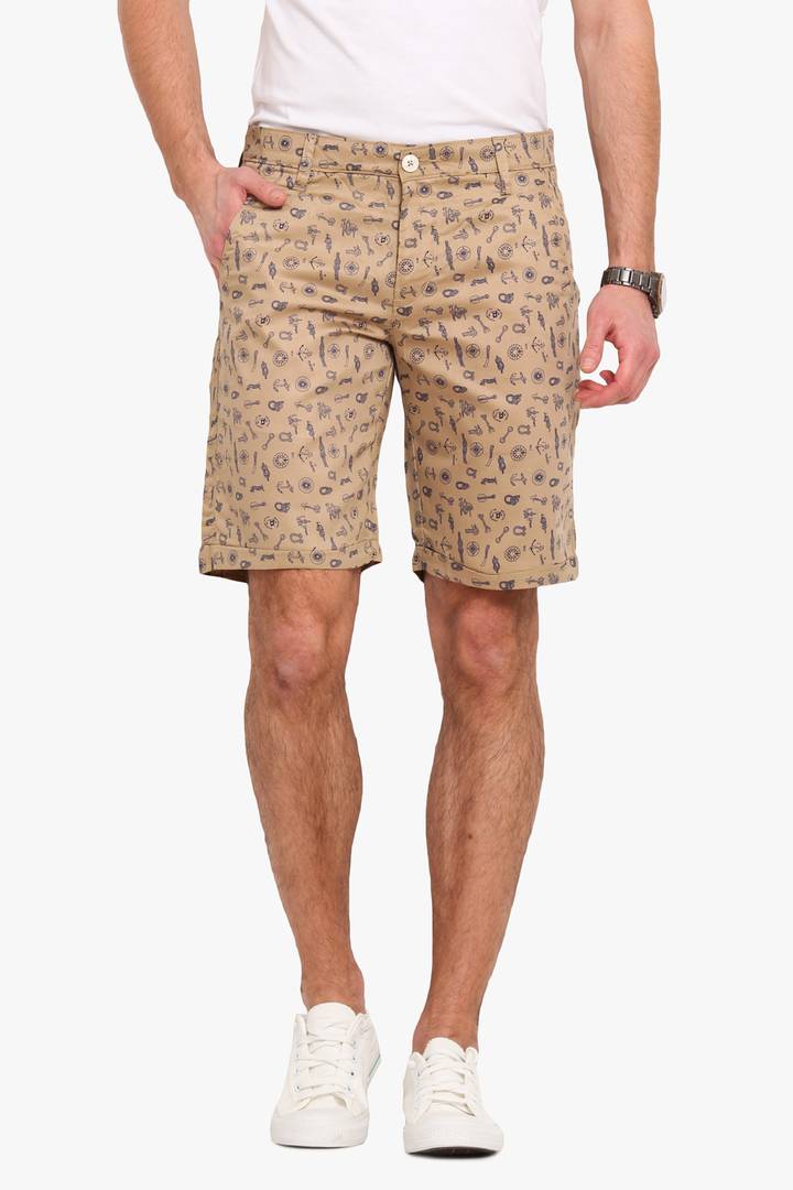 Stylish Cotton Beige Printed Slim Shorts For Men