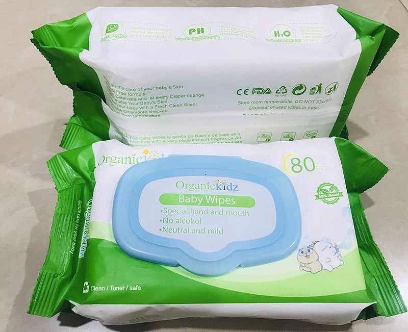 Organic Kidz Baby Wipes Kids Baby Wipes Paraben Free Flip top Baby Wet Wipes Pack of 2 (80pcs+80pcs)