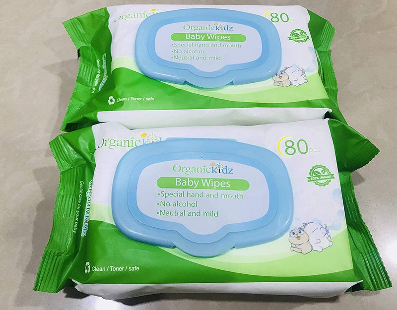 Organic Kidz Baby Wipes Kids Baby Wipes Paraben Free Flip top Baby Wet Wipes Pack of 2 (80pcs+80pcs)