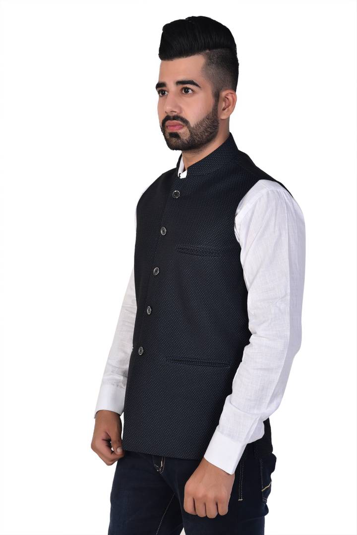 Men's Black Polyester Blend Printed Nehru Jackets