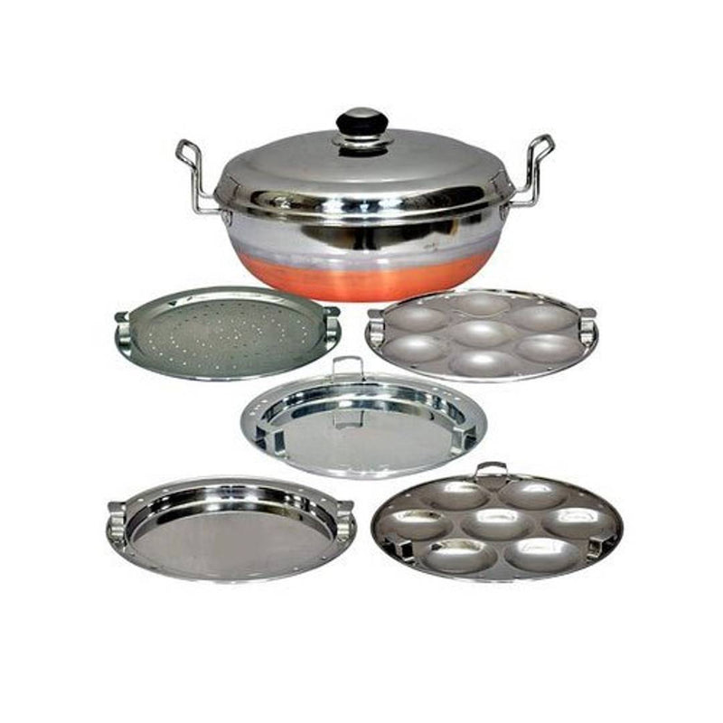 Premium Stainless Steel Kalash 6 In 1 Copper Bottom Multi Kadai With Steel Lid