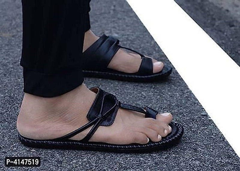 Men's Black Synthetic Leather Solid Casual Slip-On Flip Flops