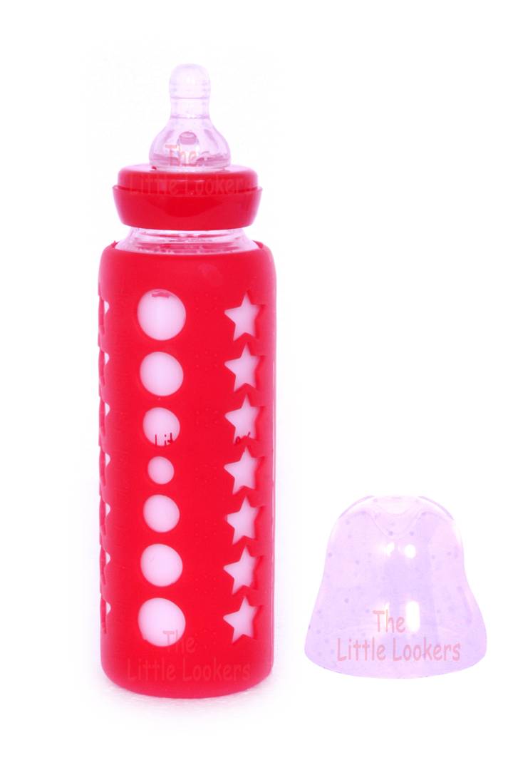 Glass Feeding Bottle for Newborns/Infants/Babies | with Silicone Warmer Cover (Red & Pink, 240 ML)