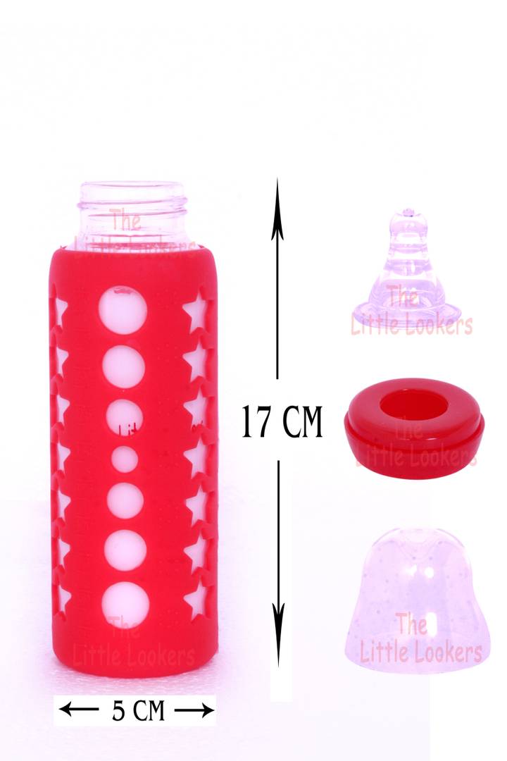 Glass Feeding Bottle for Newborns/Infants/Babies | with Silicone Warmer Cover (Red & Pink, 240 ML)