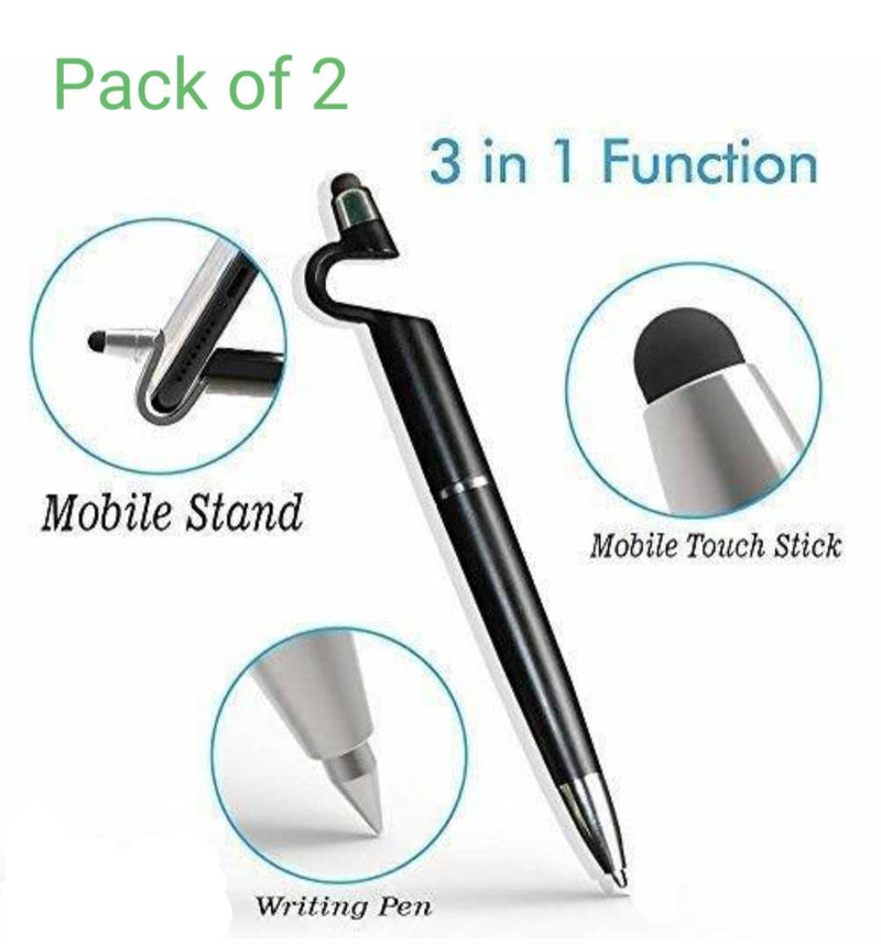 (Pack Of 2) 3-In-1 Function Pen With Smartphone Stand Holder, Screen Wipe & Ballpoint Writing Pen Compatible For Touch Screen Mobile Phones & Tablets, Pen For All Android Mobiles