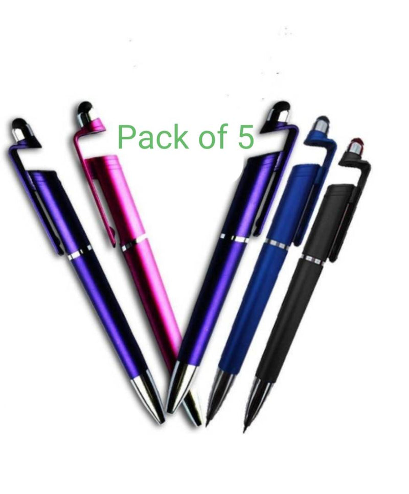 (Pack Of 5) 3-In-1 Function Pen With Smartphone Stand Holder, Screen Wipe & Ballpoint Writing Pen Compatible For Touch Screen Mobile Phones & Tablets, Pen For All Android Mobiles