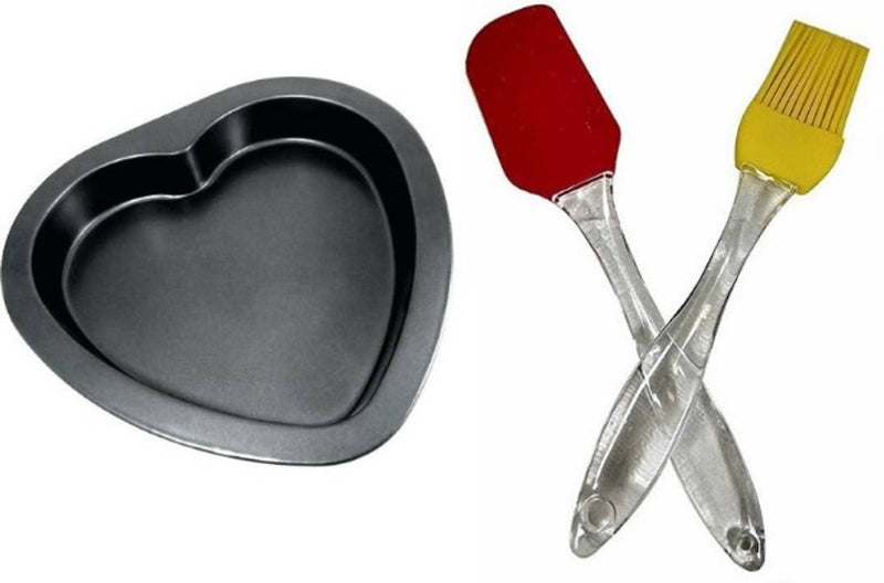 Non Stick Coated Heart Shape Baking Mould with Reusable Silicone Brush and Spatula Baking Combo Set