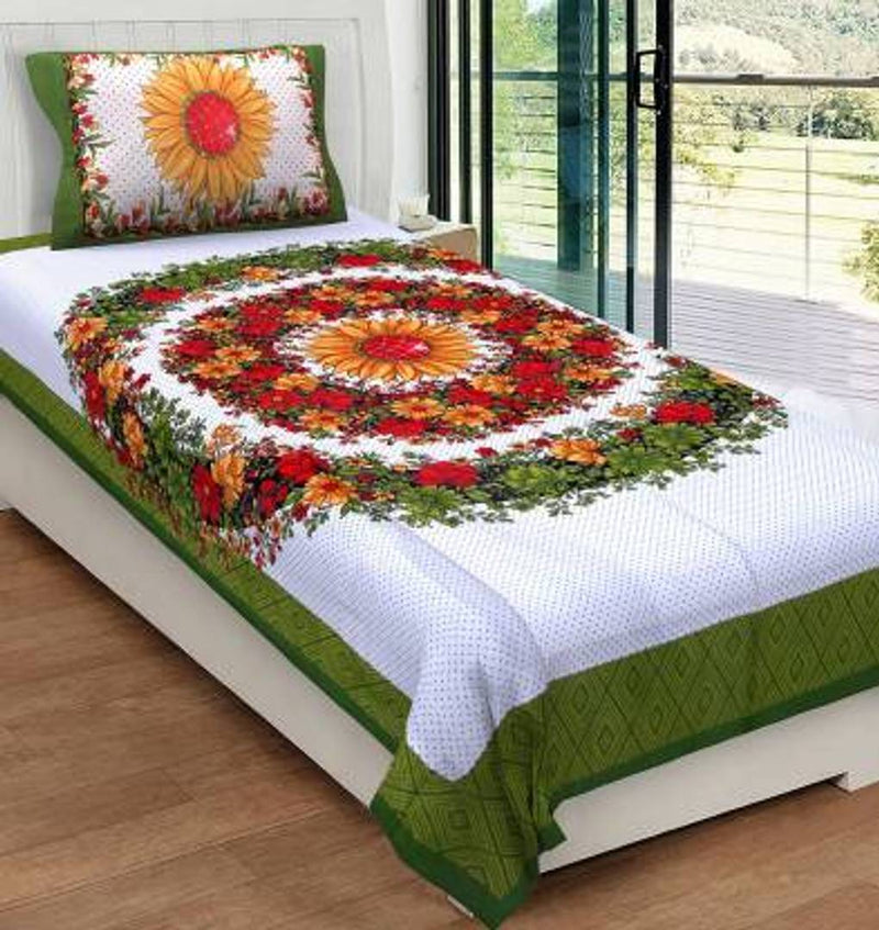 Green Cotton Single Size Solid Bedsheet With Pillow Covers