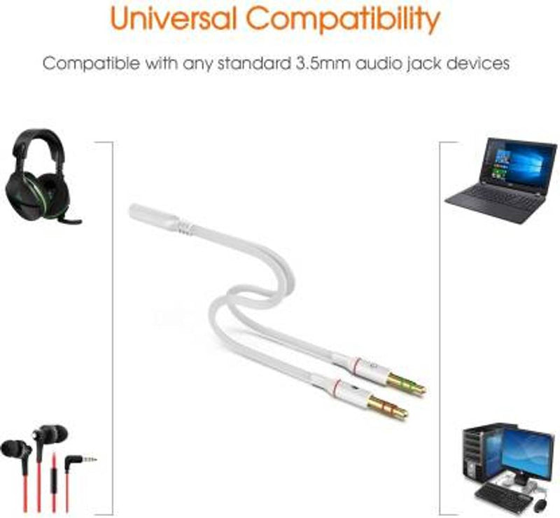 NAVYA Gold Plated 2 Male to 1 Female 3.5mm Headphone Earphone Mic Audio Y Splitter Cable Cord Wire for PC Laptop - White