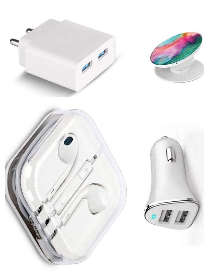 2 Port Wall Charger, Car Charger, Earphone, Pop Stand
