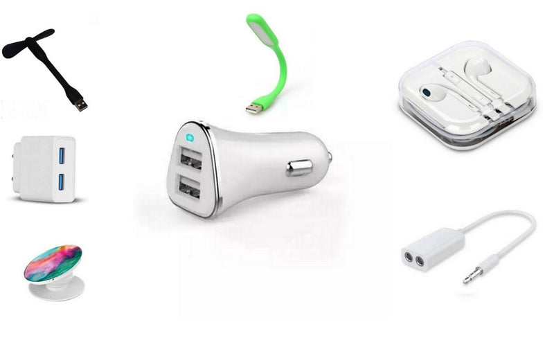2 Port Wall Charger, Car Charger, Earphone, Port Fan, Port Lamp, Audio Splitter, Pop Stand