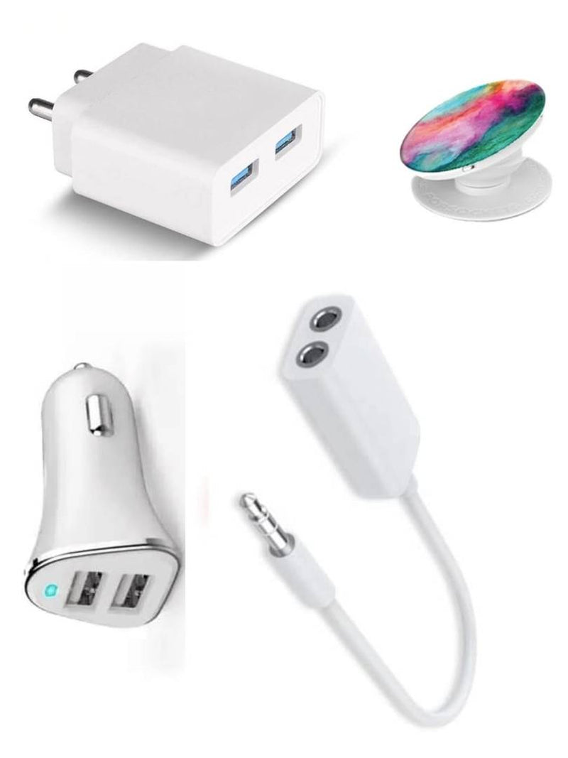 2 Port Wall Charger, Car Charger, Audio Splitter, Pop Stand