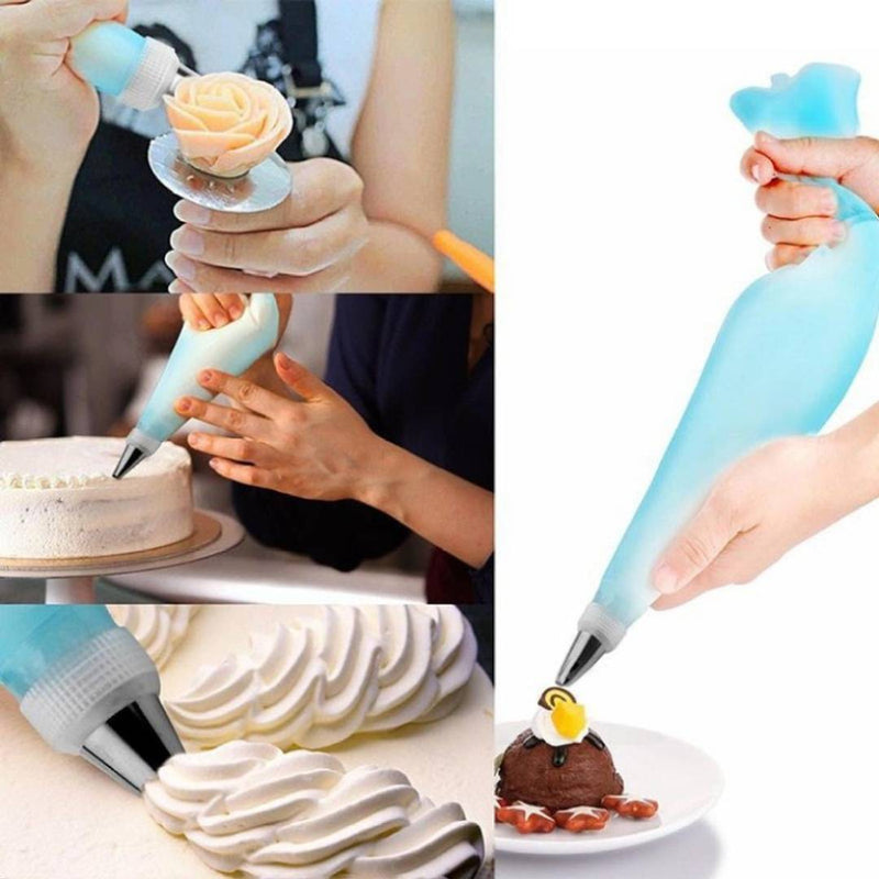 Combo Set of Stainless Steel Icing Pallet Knife, Nozzles, Icing Bag with Silicone Brush and Spatula Kitchen Baking Tools