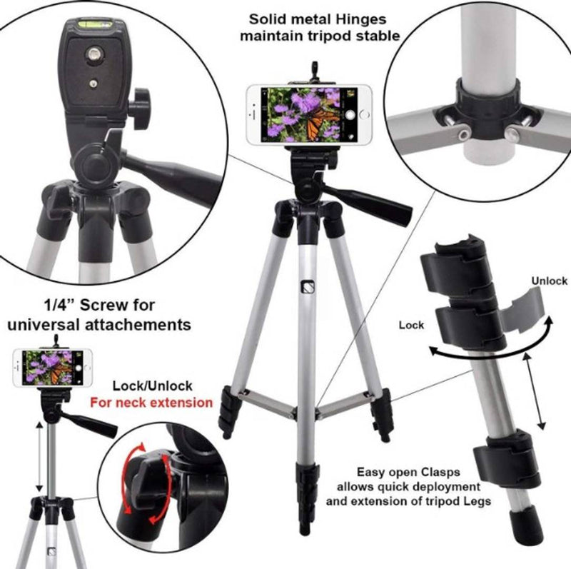 GANNU Tripod Stand Full Metal Tripod Stand | Adjustable Tripod Stand | Portable and Foldable Tripod Stand | Mobile Clip & Camera Holder Tripod Stand for mobile Tripod  (Silver, Supports Up to 1500 g)
