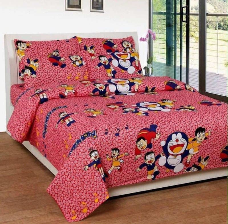 Cartoon Print Cotton Double Bed Sheet With 2 Pillow Covers (90X100)