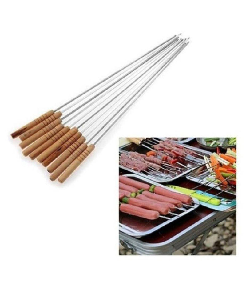 Brand World Barbecue Skewers for BBQ Tandoor, Grill | Stainless Steel Stick with Wooden Handle, Pack of 10