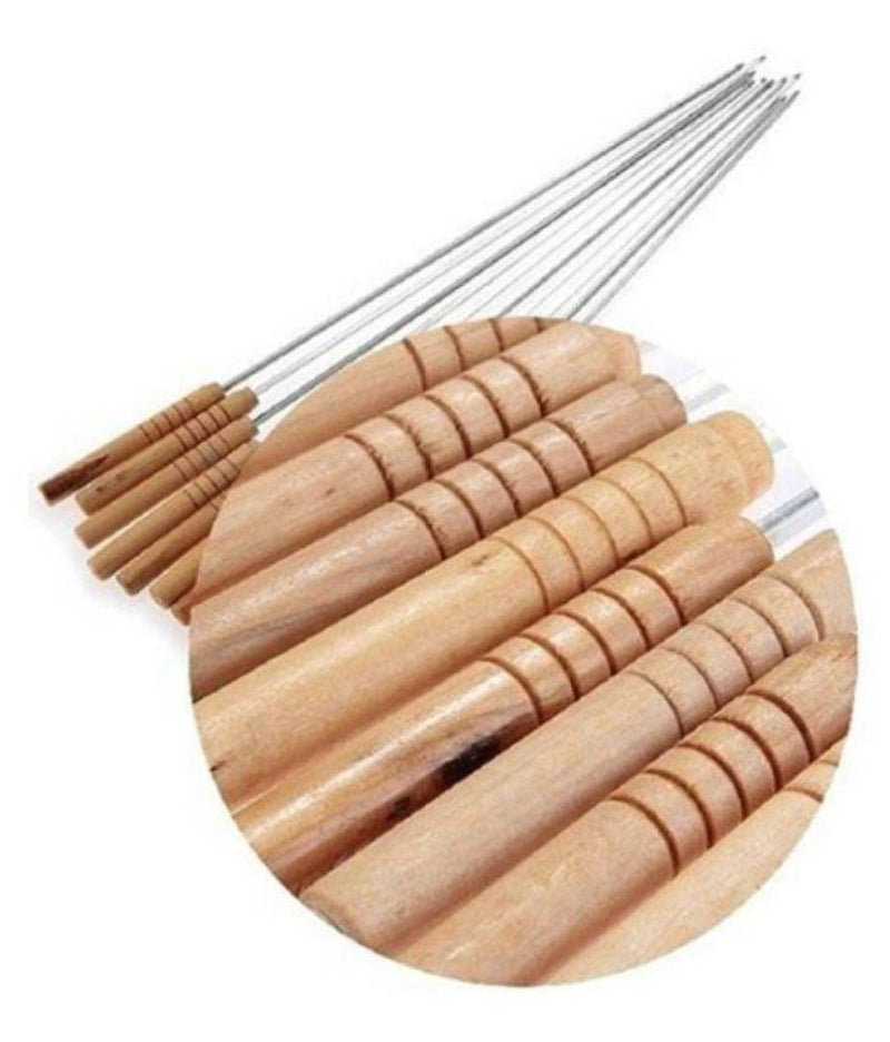 Brand World Barbecue Skewers for BBQ Tandoor, Grill | Stainless Steel Stick with Wooden Handle, Pack of 10