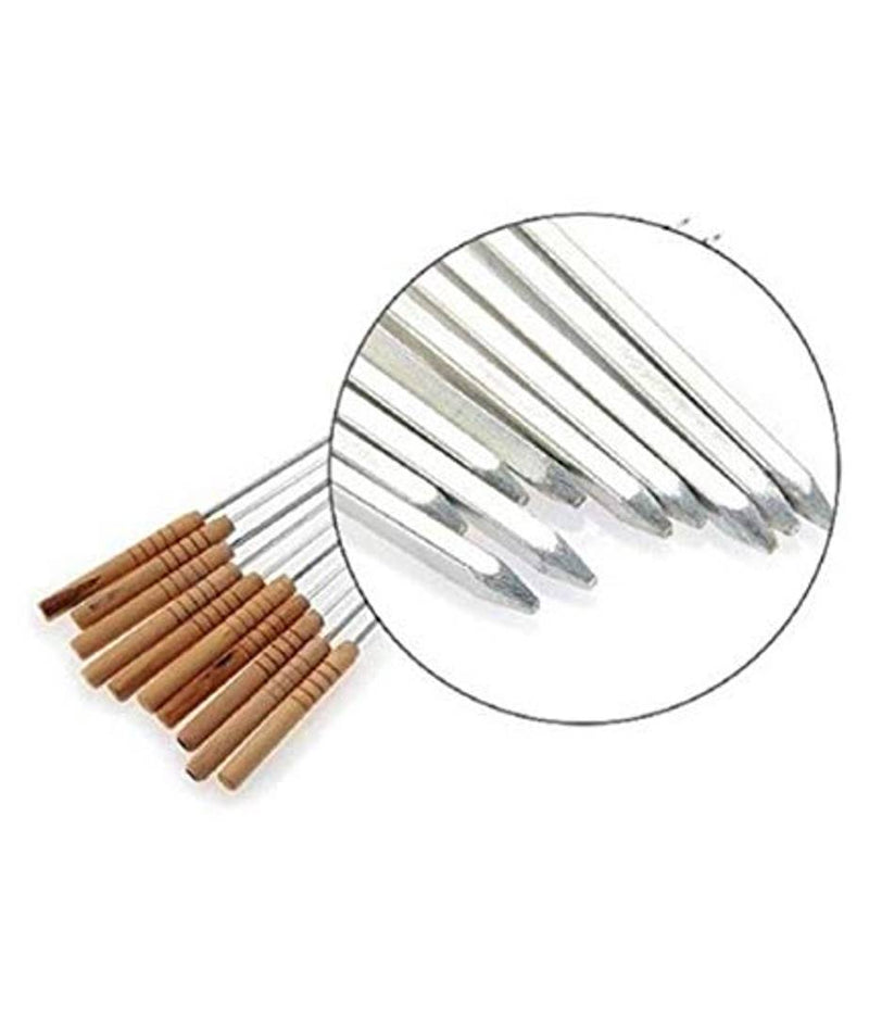 Brand World Barbecue Skewers for BBQ Tandoor, Grill | Stainless Steel Stick with Wooden Handle, Pack of 10