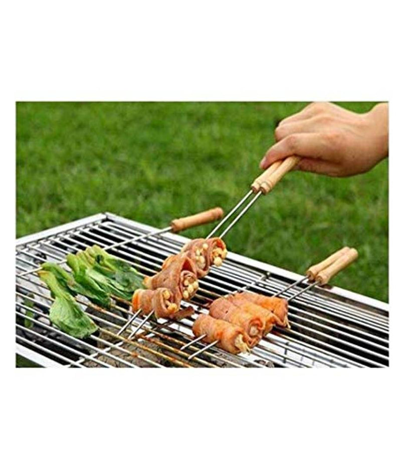 Brand World Barbecue Skewers for BBQ Tandoor, Grill | Stainless Steel Stick with Wooden Handle, Pack of 10