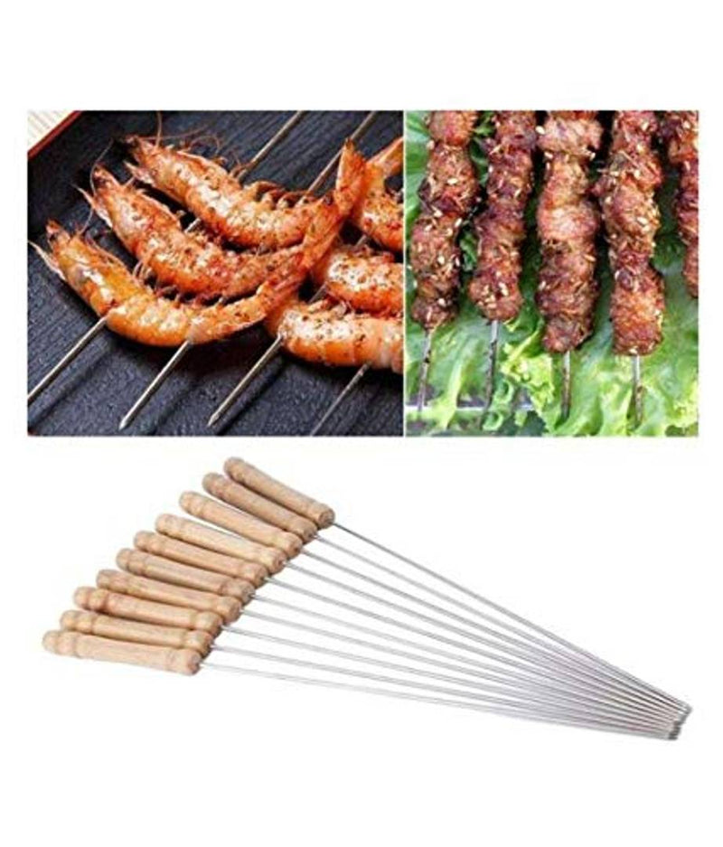 Brand World Barbecue Skewers for BBQ Tandoor, Grill | Stainless Steel Stick with Wooden Handle, Pack of 10