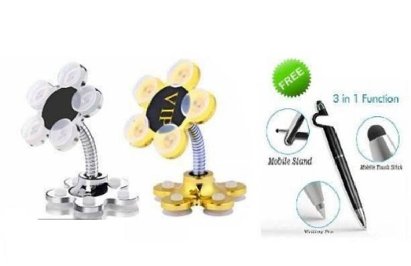 VIP Sucker Stand For Cell Phone Metal Mobile Holder 360° Rotatable + 3-In-1 Mobile Touch Pen (Colour May Vary) (Pack Of 2)