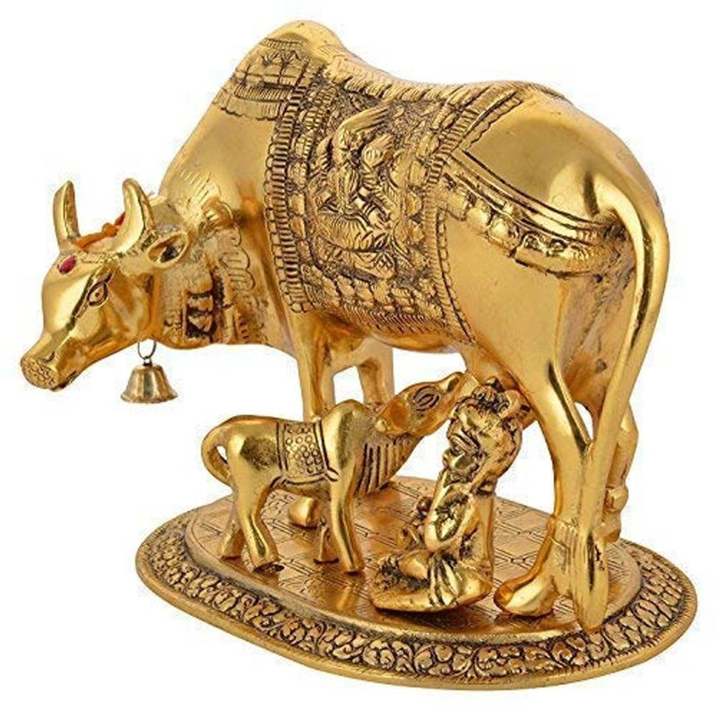 Large Gold Cow And Calf Metal Statue With Ladoo Gopal