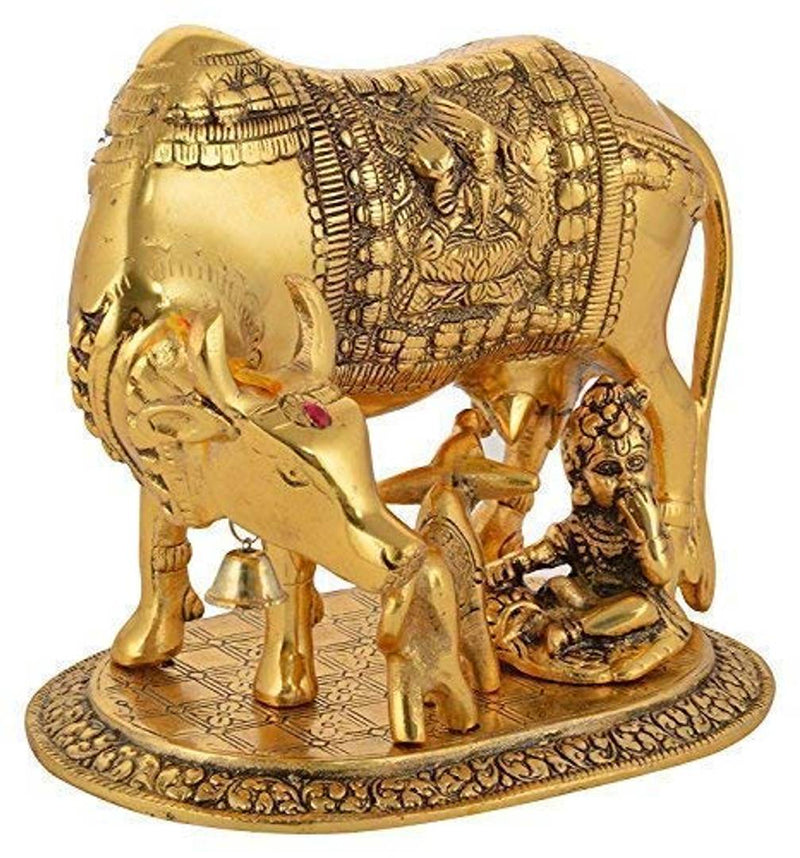 Large Gold Cow And Calf Metal Statue With Ladoo Gopal