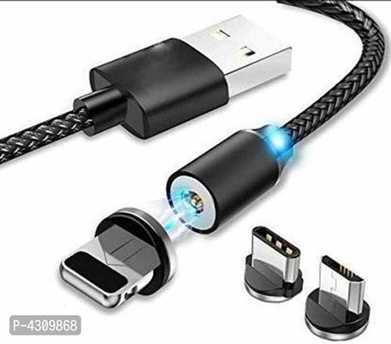 Magnetic 360 Degree 3 Ampere USB Fast Charging Data Cable With LED Light 1 M USB Type C Cable (Compatible With Lightning Micro , iOS Lightning Port, Type-C Port, Black, One Cable)