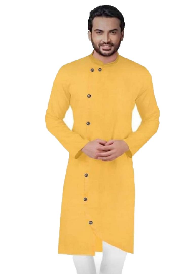 Stylish Cotton Blend Yellow Solid Full Sleeves Cross Length Kurta For Men