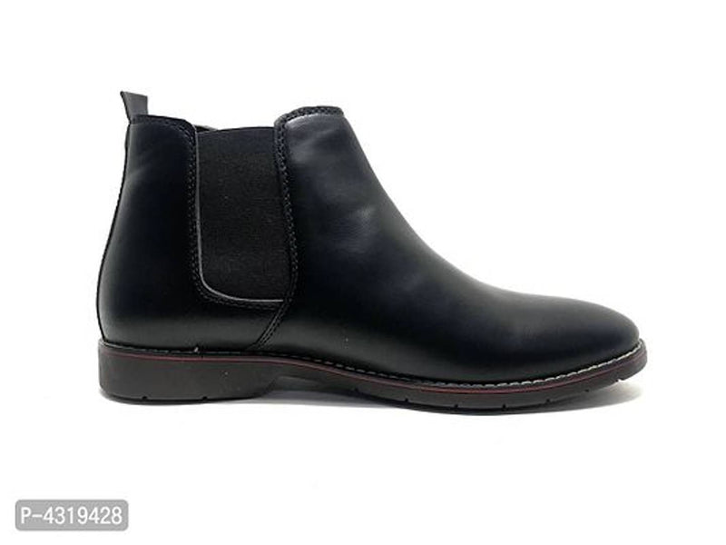 Stunning Black Synthetic Leather Solid Heeled Boots For Men
