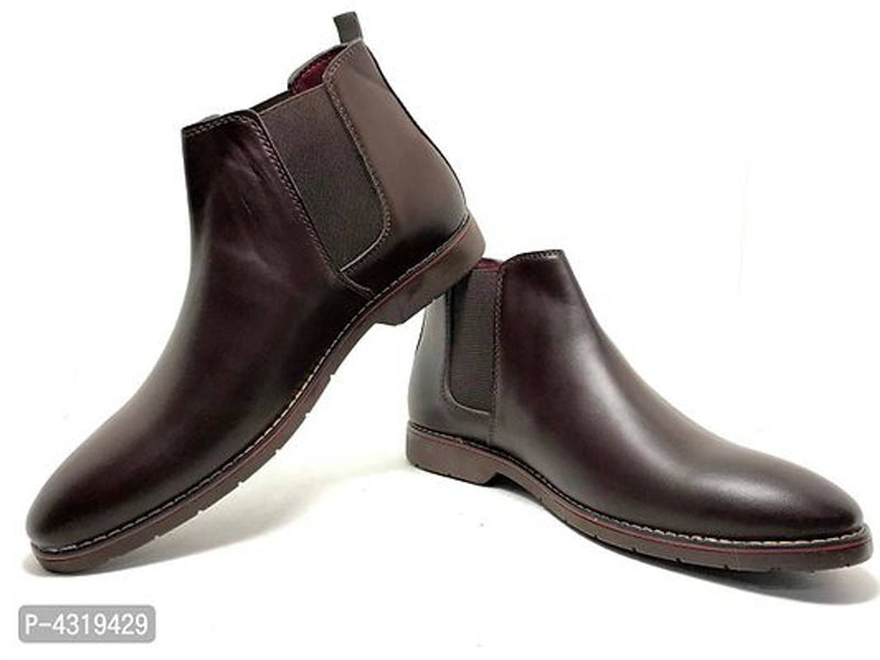 Stunning Brown Synthetic Leather Solid Heeled Boots For Men