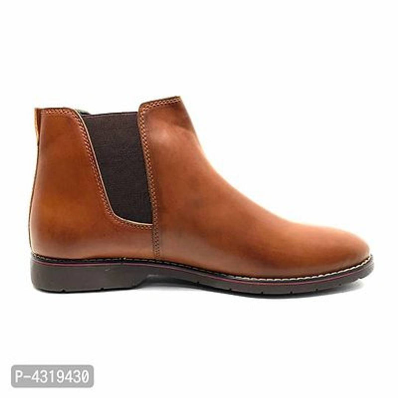 Stunning Tan Synthetic Leather Solid Heeled Boots For Men