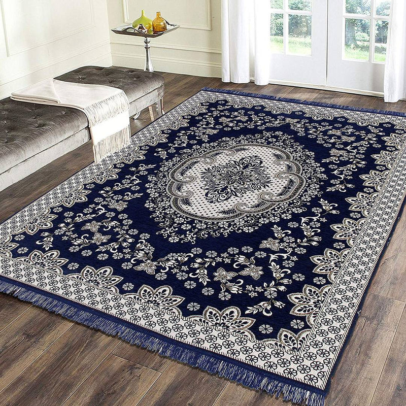 Beautiful Navy Blue Self Pattern Chenille And Polyester Weaved Carpet - 6X4 Feet (Made In India )
