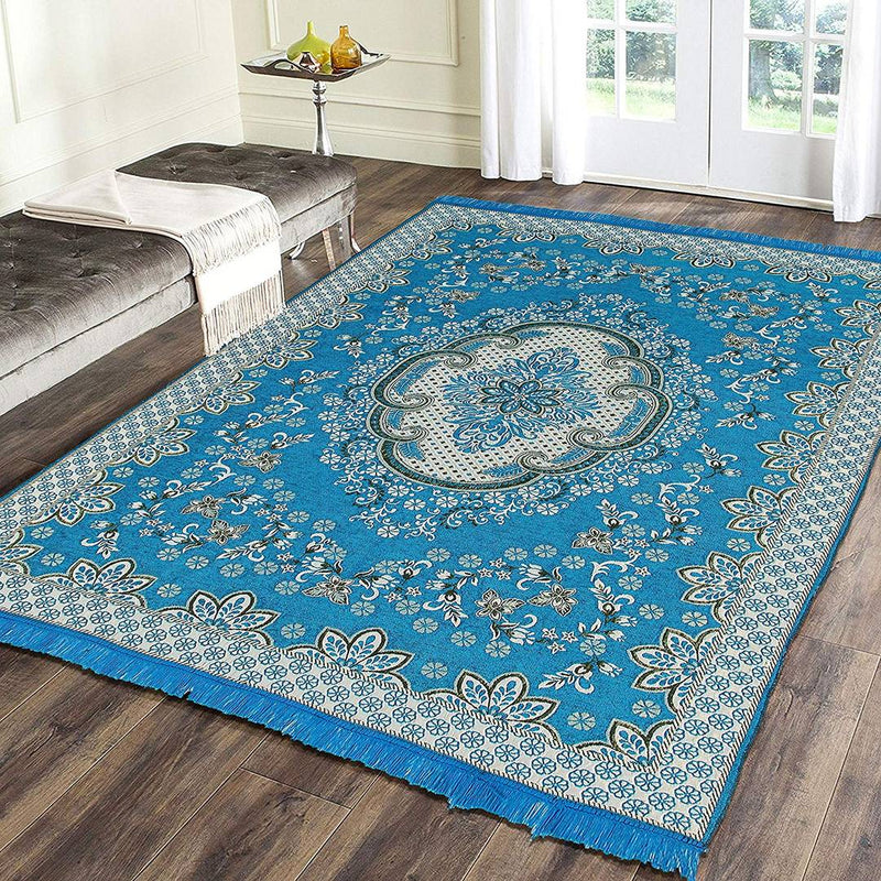 Beautiful Blue Self Pattern Chenille And Polyester Weaved Carpet - 6X4 Feet (Made In India )