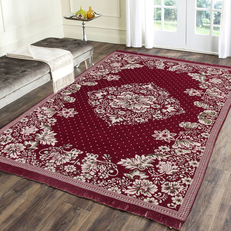 Beautiful Maroon Self Pattern Chenille And Polyester Weaved Carpet - 6X4 Feet (Made In India )