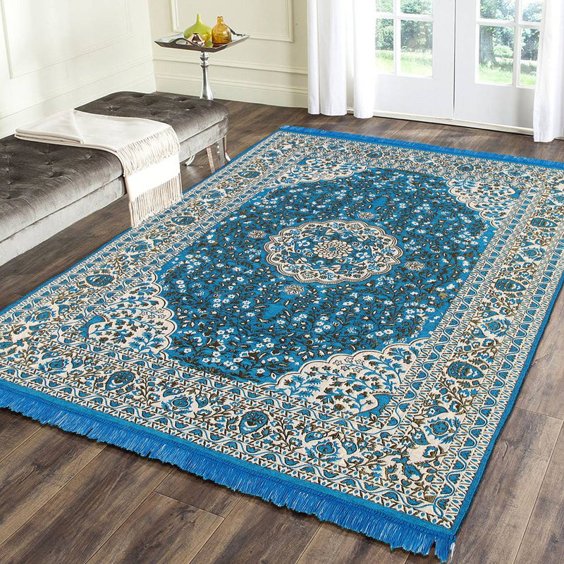 Beautiful Blue Self Pattern Chenille And Polyester Weaved Carpet
 - 6X4 Feet (Made In India )