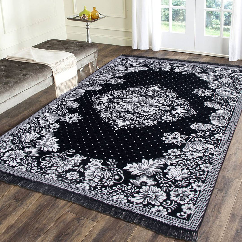 Beautiful Black Self Pattern Chenille And Polyester Weaved Carpet
 - 6X4 Feet (Made In India )