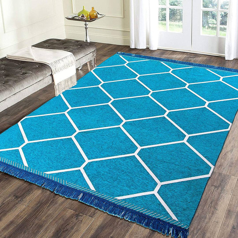 Beautiful Blue Self Pattern Chenille And Cotton Weaved Carpet
 - 6X4 Feet (Made In India )
