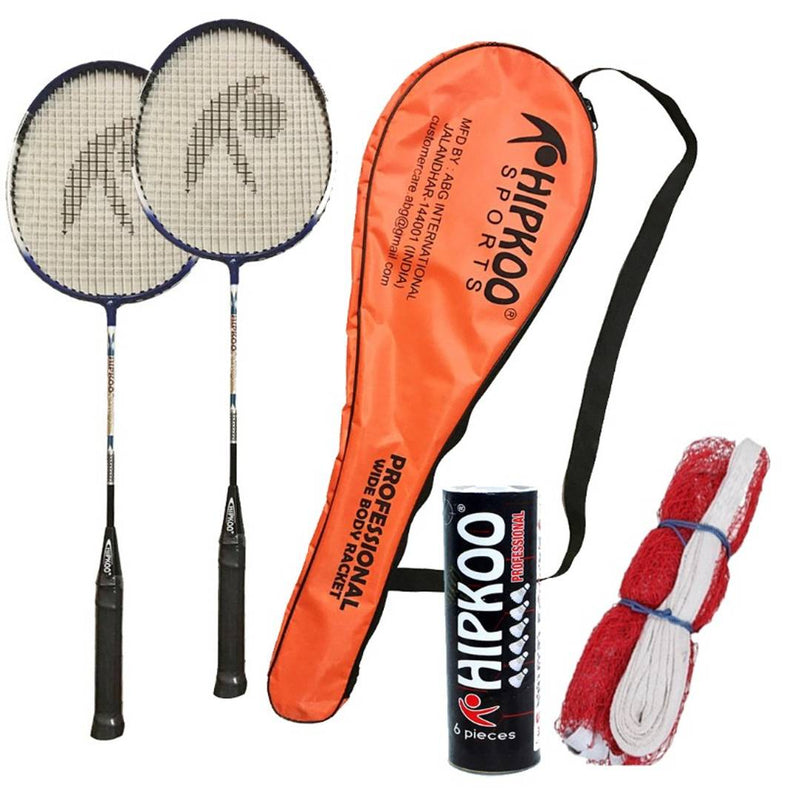Hipkoo Sports Professional Badminton Kit (Wide Body Rackets Set Of 2, 6 Feather Shuttles and Net )