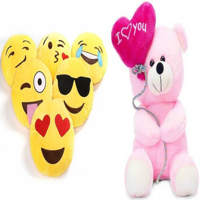 Gift Basket Soft Toy Combo Of Balloon Teddy With 5 Smiley