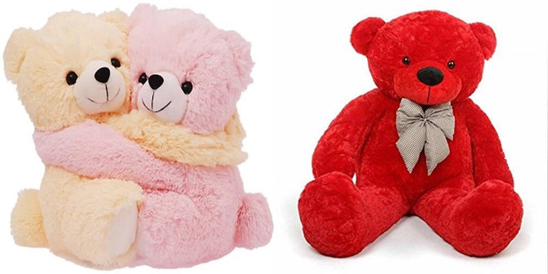 Gift Basket Stuffed Soft Toy Combo Of Huggable Couple With Red 3 Feet Teddy
