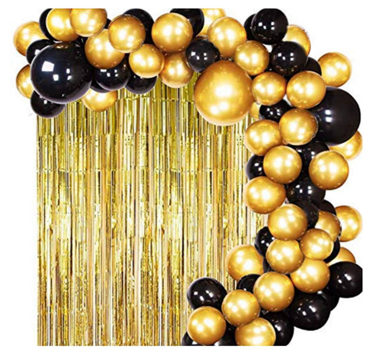 Kids 102 Luxuries Decoration Combo  Golden Fringe Curtains +Black and Golden Metallic Balloons