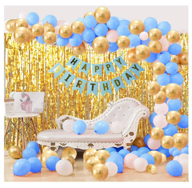 Kids Creative 63 Pcs Combo Happy Birthday  Banner  + Golden Fringe Curtain  + Blue,White and Gold Metallic Balloons