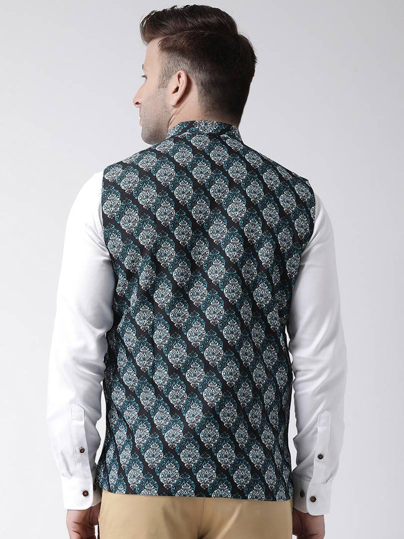 Elite Black Polyester Viscose Printed Ethnic Waistcoat For Men