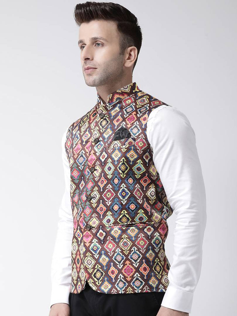 Elite Brown Polyester Viscose Printed Ethnic Waistcoat For Men