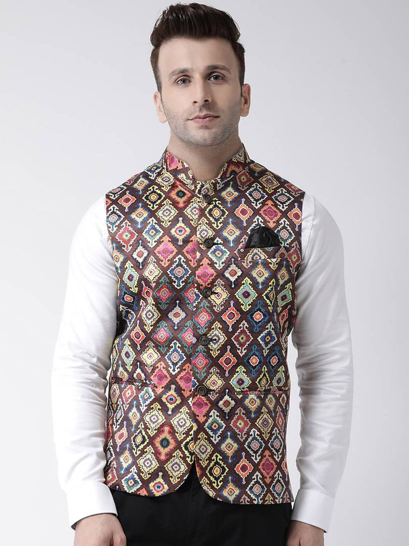 Elite Brown Polyester Viscose Printed Ethnic Waistcoat For Men