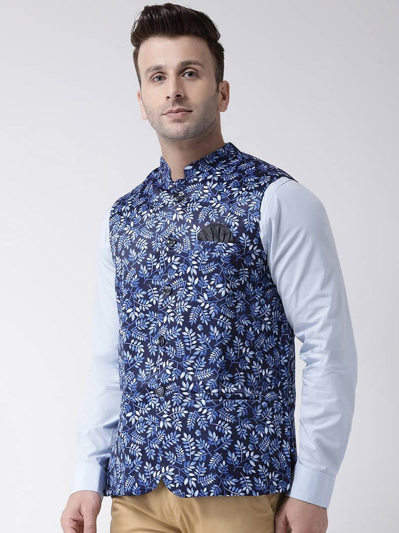 Elite Blue Polyester Viscose Printed Ethnic Waistcoat For Men