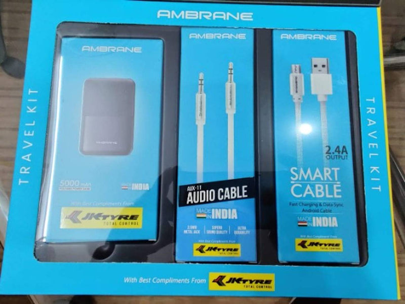 Ambrane Travel Kit | 5000mAh Power Bank | 3.5mm Metal Jack Aux Cable | 2.4A Output Fast Charging and Data Sync Android Cable