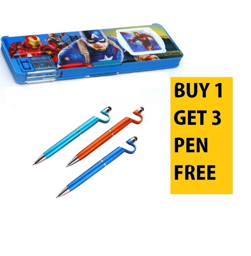 Multipurpose Pencil Box With Calculator & Dual Sharpener - Assorted Colors (For Boys) & FREE 3 In 1 Pen Shaped Color Pencils (Set Of 3, Multicolor) COMBO (PACK OF 4)