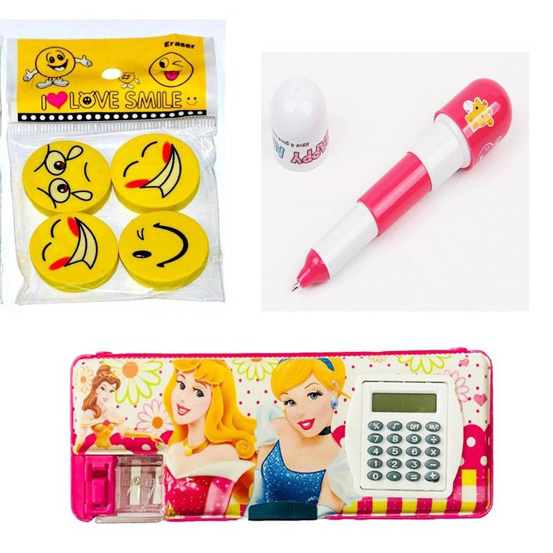 4 Pcs Smiley Erasers / Rubber & Capsule Ball Pen, Small Calculator Princess Art Plastic Pencil Box Birthday Return Gifts For Kids Combo (Pack Of 3)